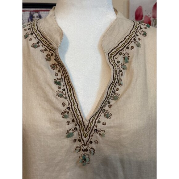 RAFAELLA Beige Embroidered Beaded Blouse100% Linen V-Neck Tiny Flaw Size 14 - Picture 2 of 16